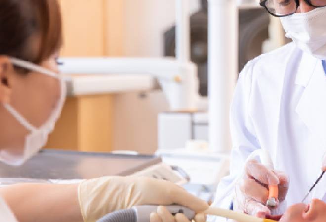 歯の治療をする歯科医と歯科助手。